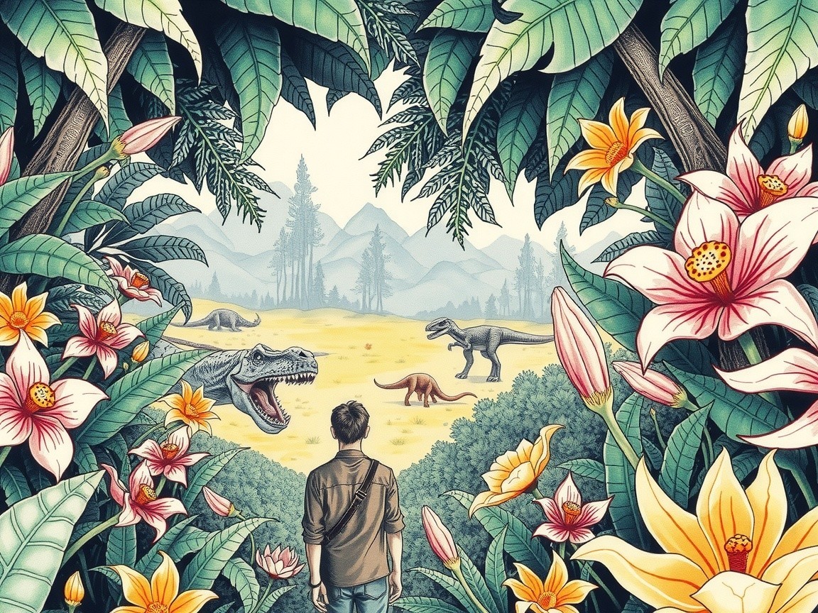 Person in Flowers Observing Dinosaurs in Nature