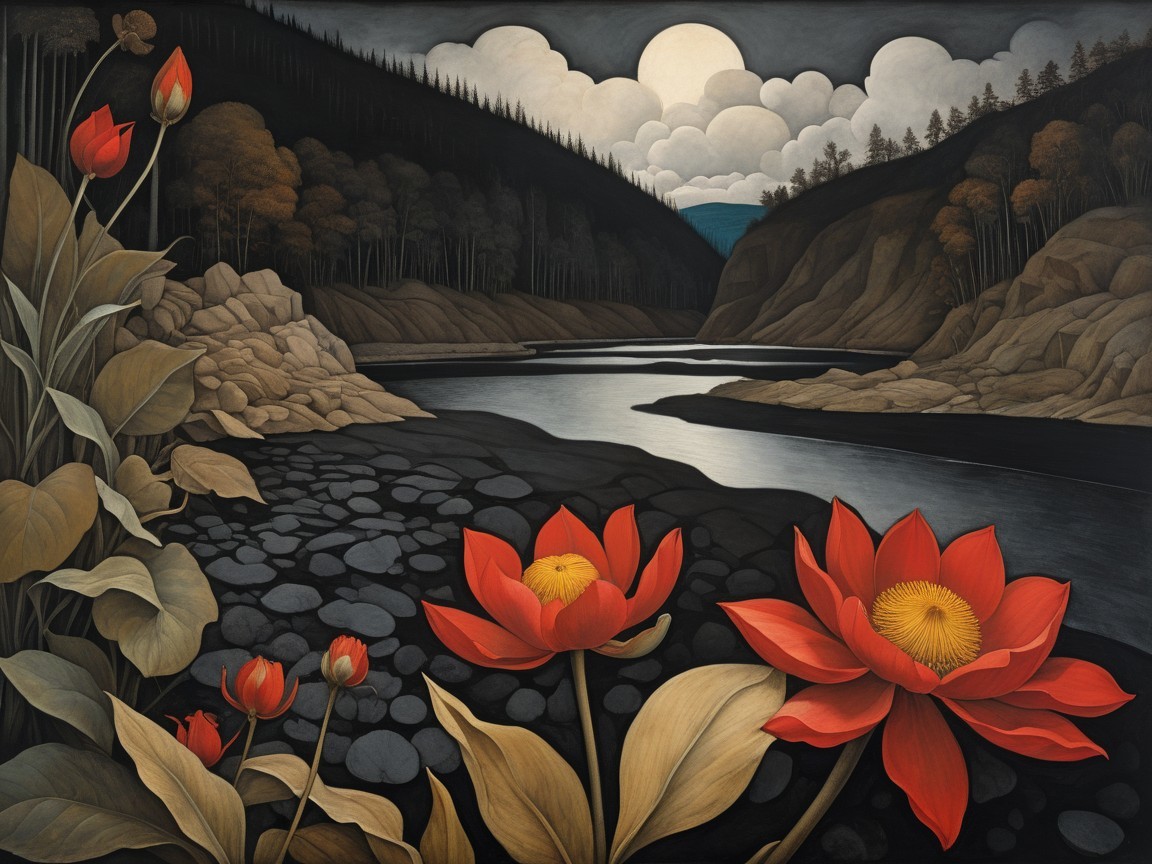 Serene landscape with river, lotus flowers, and hills