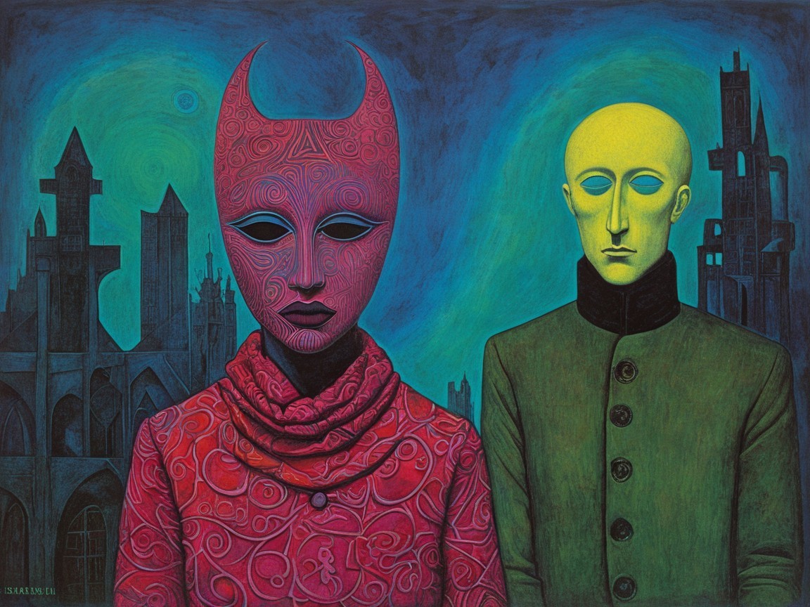 Surreal Figures in Dreamlike Cityscape Background