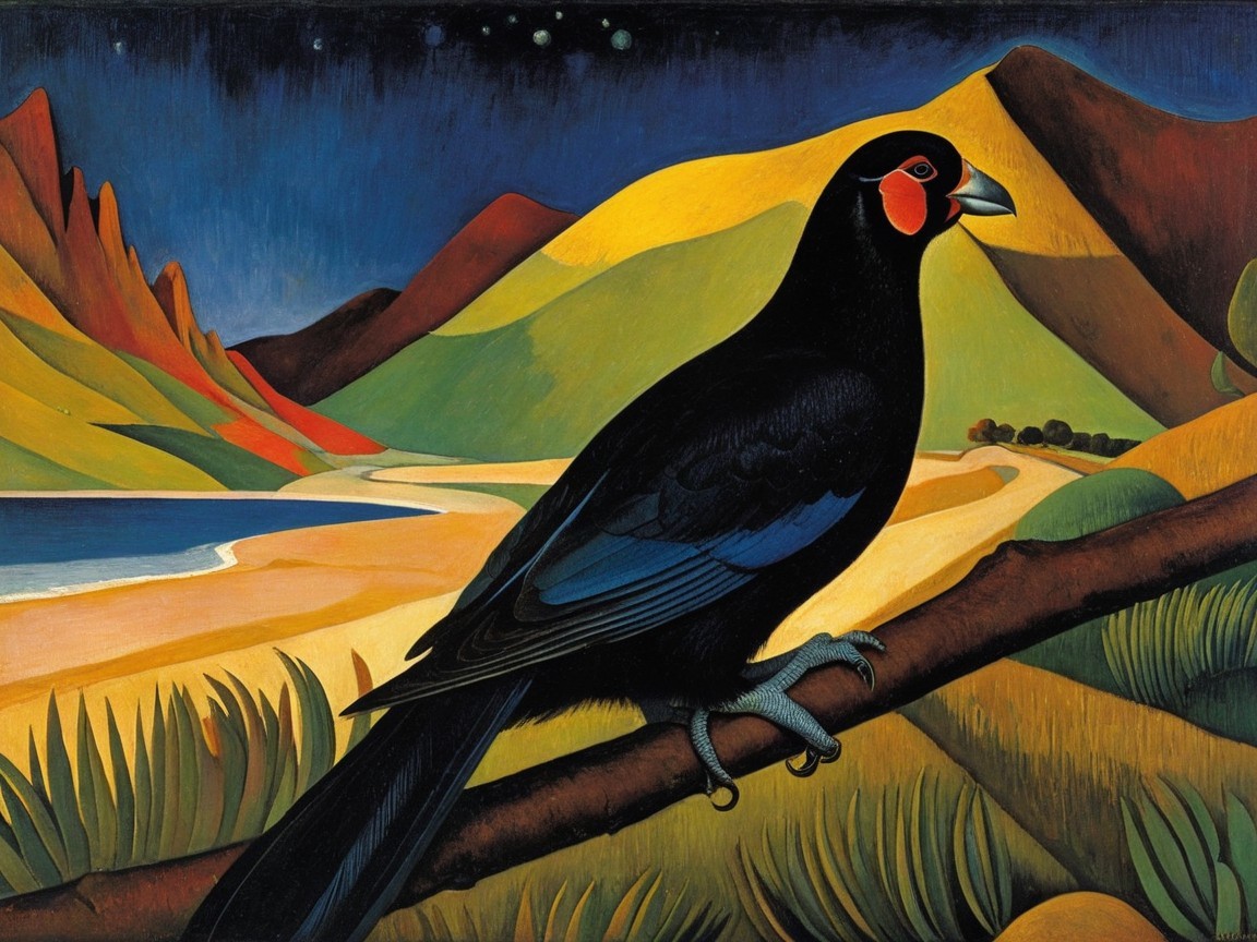 Black Bird with Blue Wings and Red Eye Patch in Nature