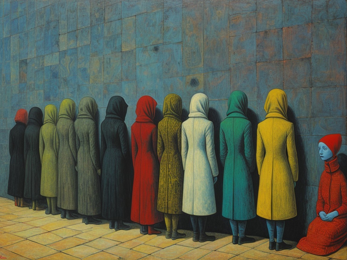 Figures in Hoods Facing Textured Wall with Divergence