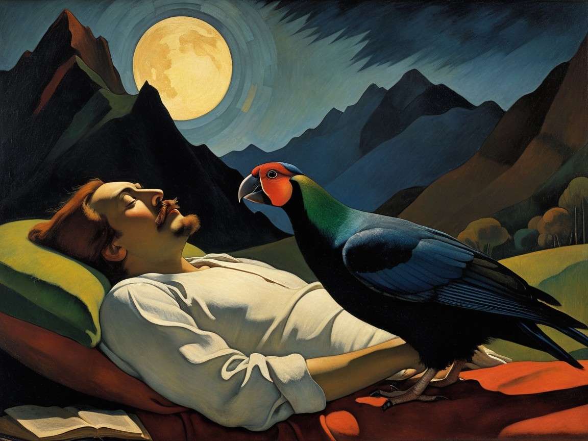 Man Reclining Under Moon with Parrot in Landscape