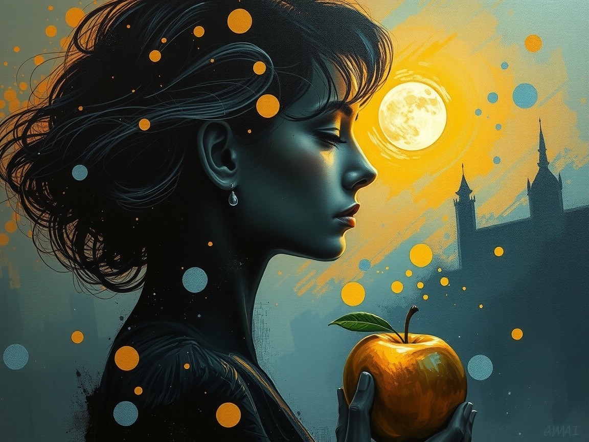 Profile of a Woman with Apple Against Colorful Background