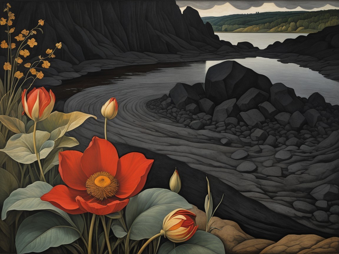 Serene landscape with red flowers and calm waterway