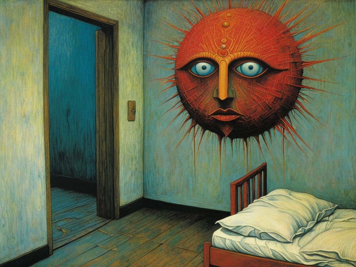 Surreal Room with Disheveled Bed and Eerie Sun Wall