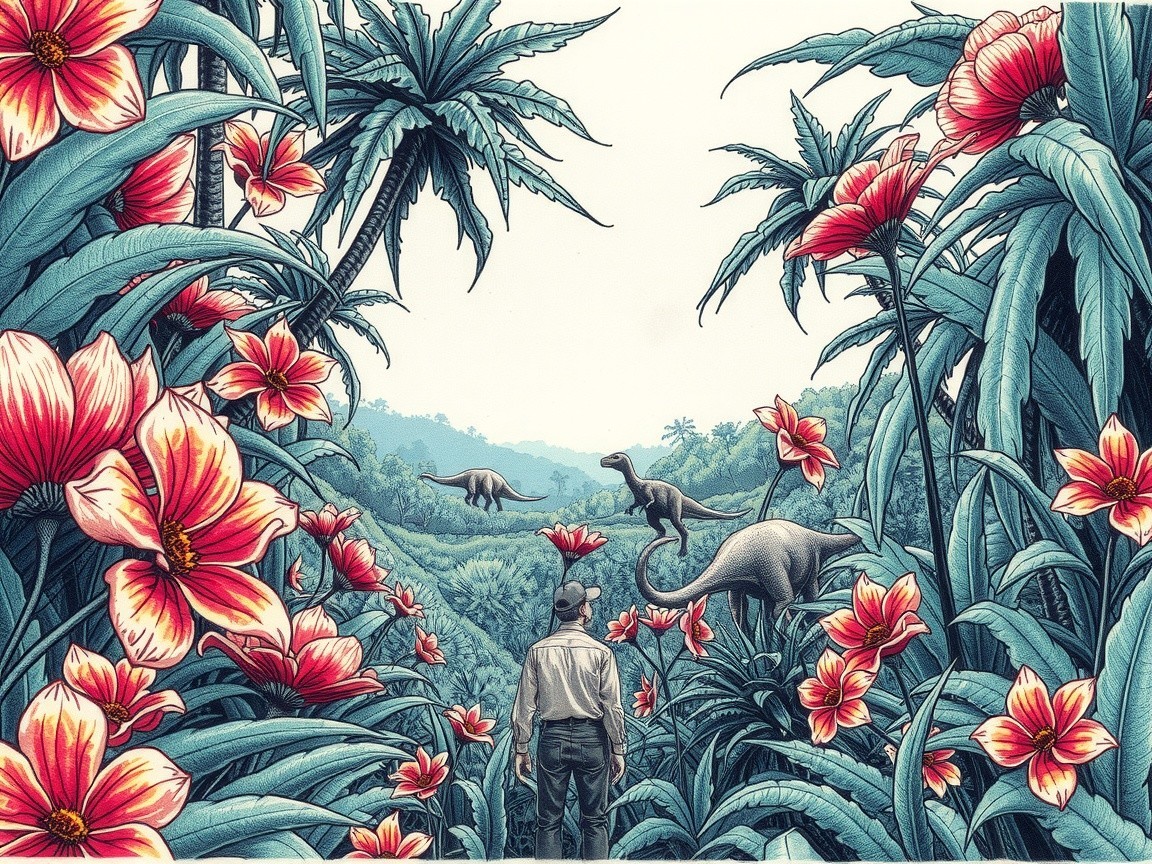 Lush Jungle with Red Flowers and Dinosaurs Present