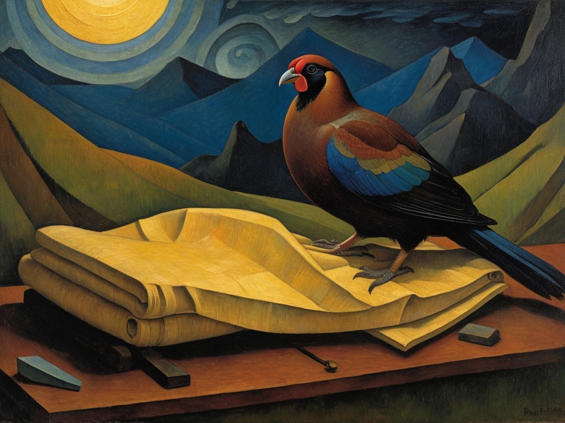 Vibrant Bird on Yellow Fabric with Mountain Backdrop