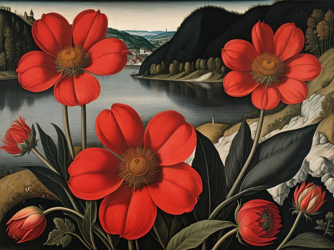 Vibrant Red Flowers by a Reflective Calm Lake