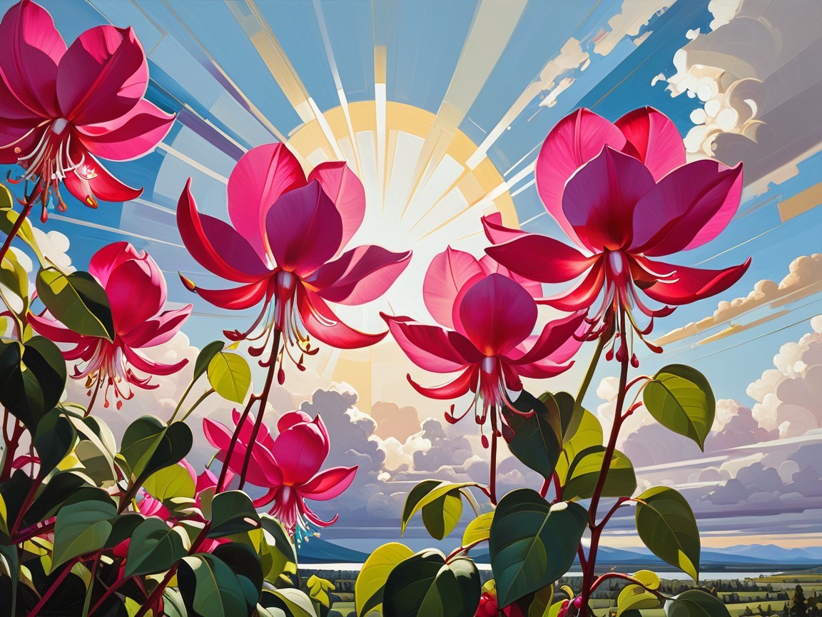 Blooming Pink Flowers at Sunset with Lush Green Leaves