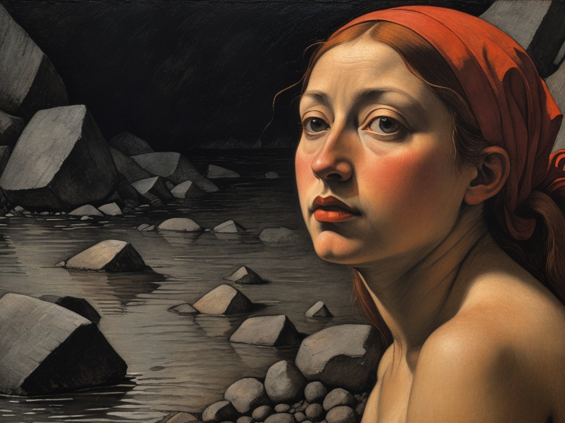 Woman with Red Hair in Serene Rocky Landscape