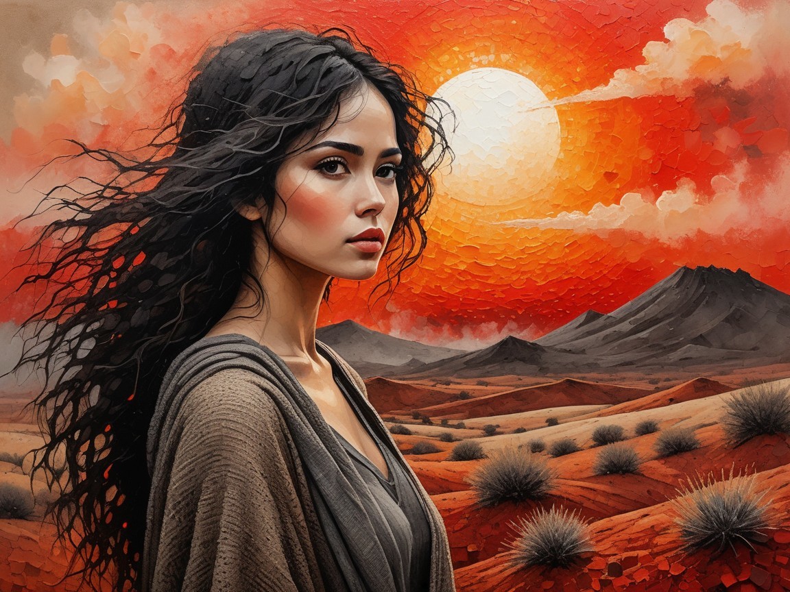 Young Woman in Vibrant Desert Landscape at Sunset