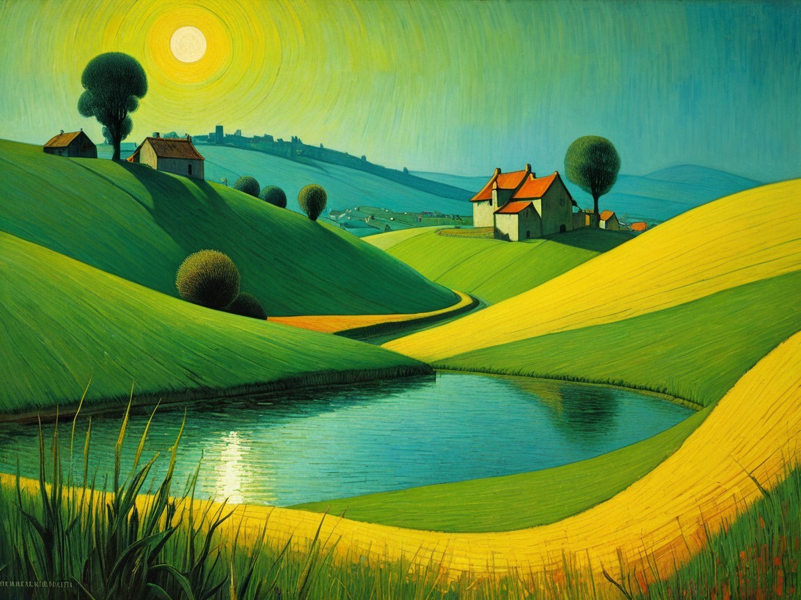 Serene Rural Landscape with Rolling Hills and Pond