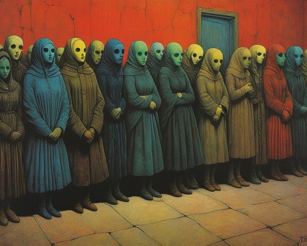 Hooded Figures Against Red Wall and Blue Door