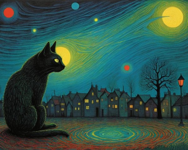 Surreal Scene of a Cat Against Night Skies
