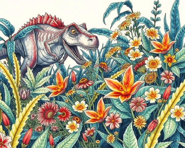 Vibrant Dinosaur Illustration in Lush Jungle Foliage