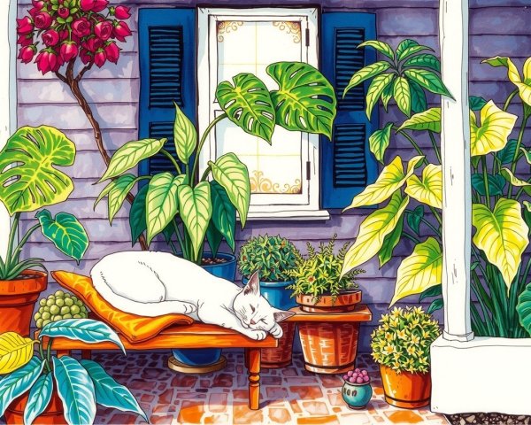 Cozy Porch with Plants and a Napping Cat