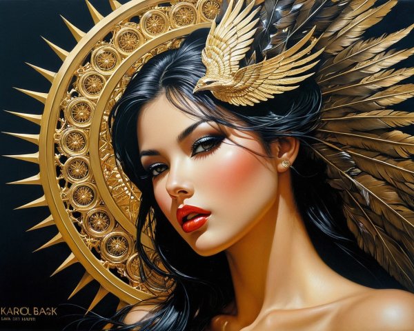 Stunning Woman with Black Hair and Golden Accents