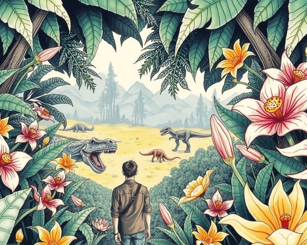 Person in Flowers Observing Dinosaurs in Nature