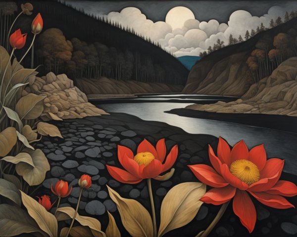 Serene landscape with river, lotus flowers, and hills