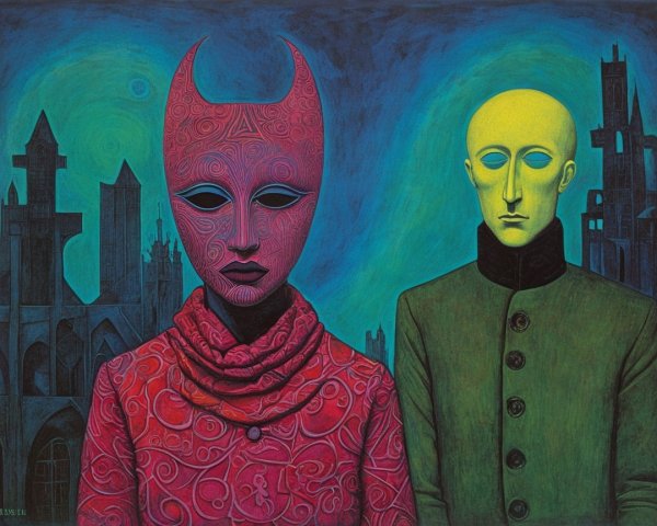 Surreal Figures in Dreamlike Cityscape Background
