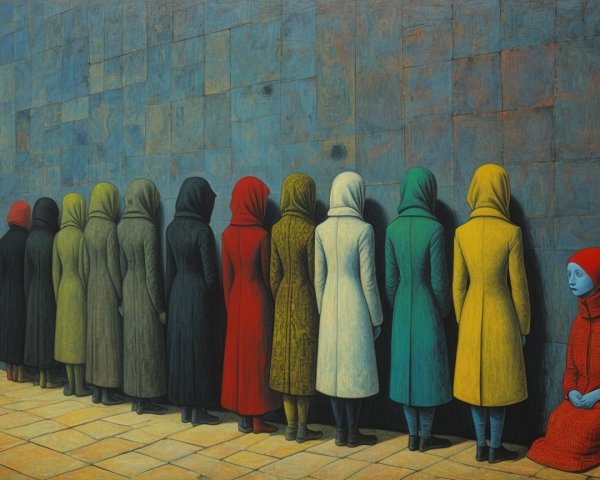 Figures in Hoods Facing Textured Wall with Divergence