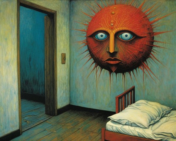 Surreal Room with Disheveled Bed and Eerie Sun Wall