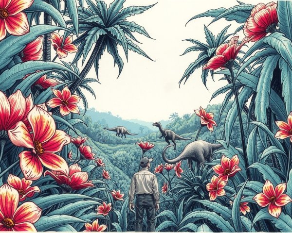 Lush Jungle with Red Flowers and Dinosaurs Present
