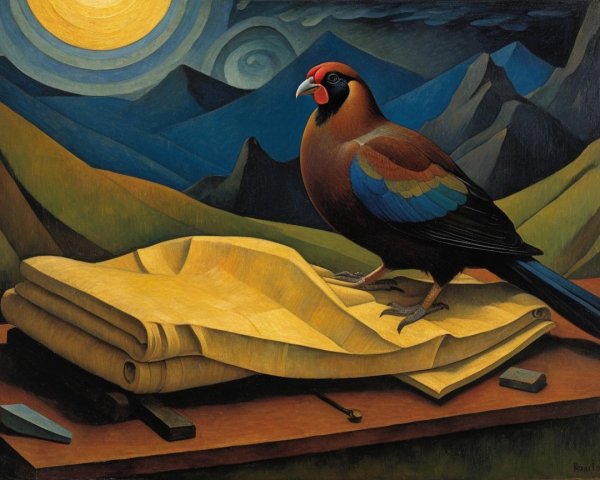Vibrant Bird on Yellow Fabric with Mountain Backdrop