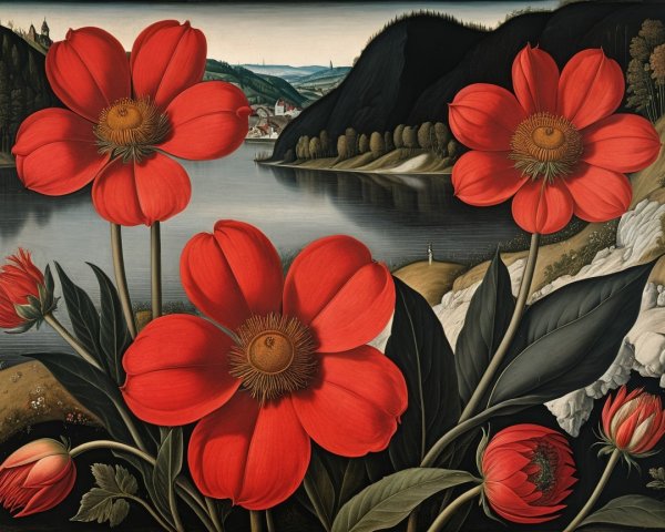 Vibrant Red Flowers by a Reflective Calm Lake