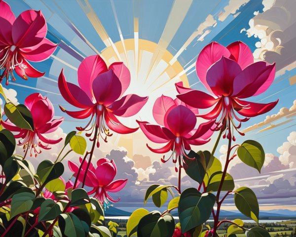 Blooming Pink Flowers at Sunset with Lush Green Leaves