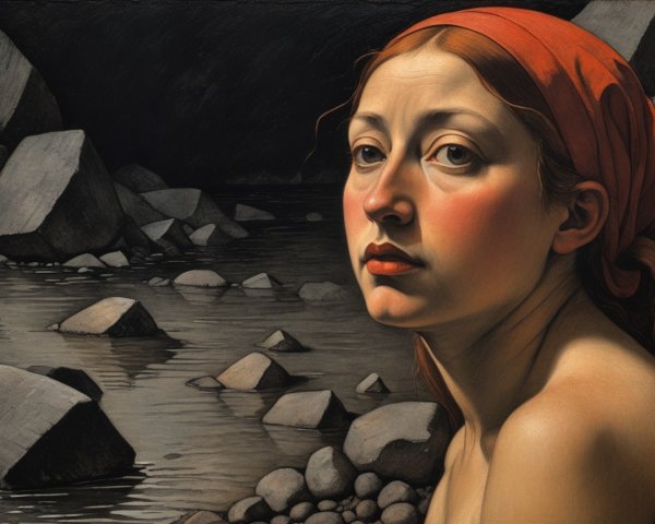 Woman with Red Hair in Serene Rocky Landscape