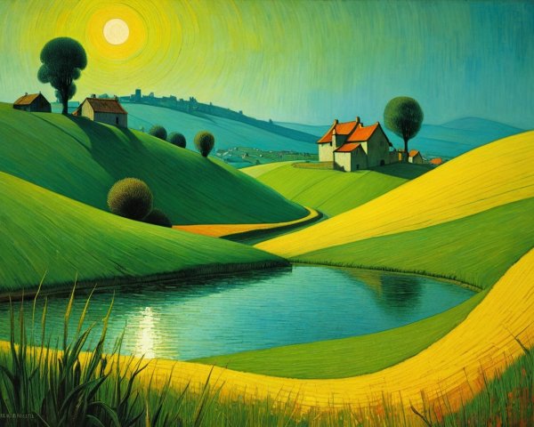 Serene Rural Landscape with Rolling Hills and Pond