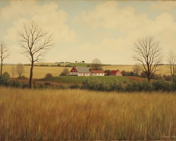 Serene Landscape with Rolling Hills and Quaint Houses