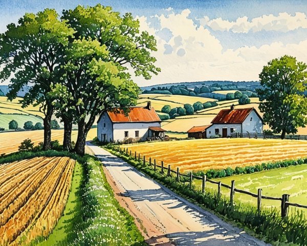 Serene Countryside Scene with Quaint White Houses