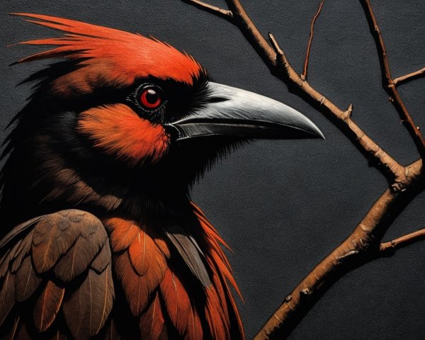Vibrant Red Bird with Black Face and Sharp Beak