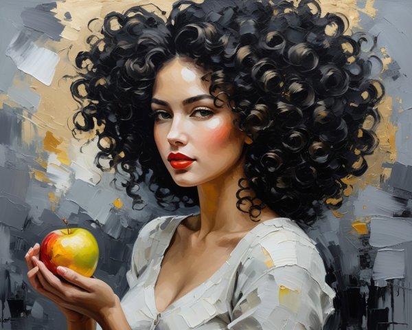 Woman with Curly Hair and Green Apple in Abstract Art