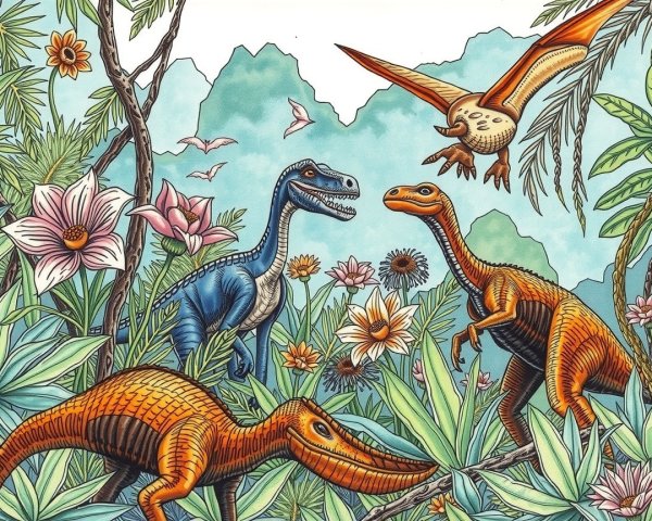 Prehistoric Landscape with Colorful Dinosaurs and Flora