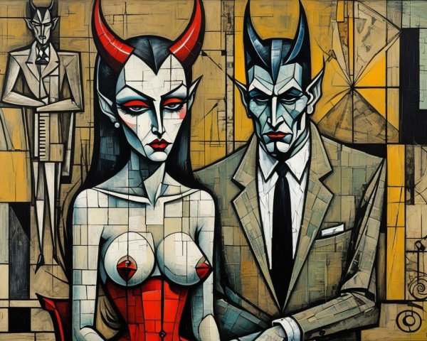 Stylized Couple in Cubist Artwork with Geometric Background