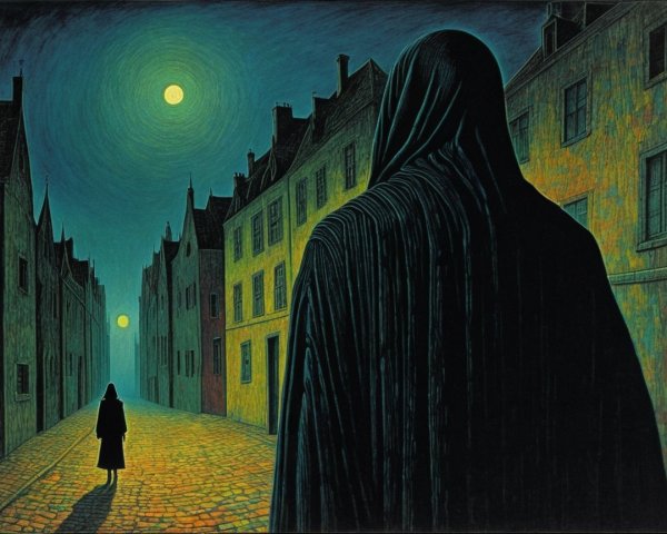 Shadowy Figure on Cobblestone Street Under Moonlight