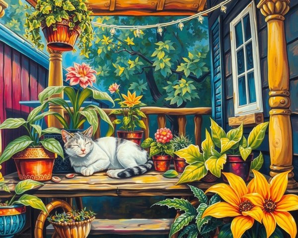 Cozy Porch Scene with Cat and Colorful Plants