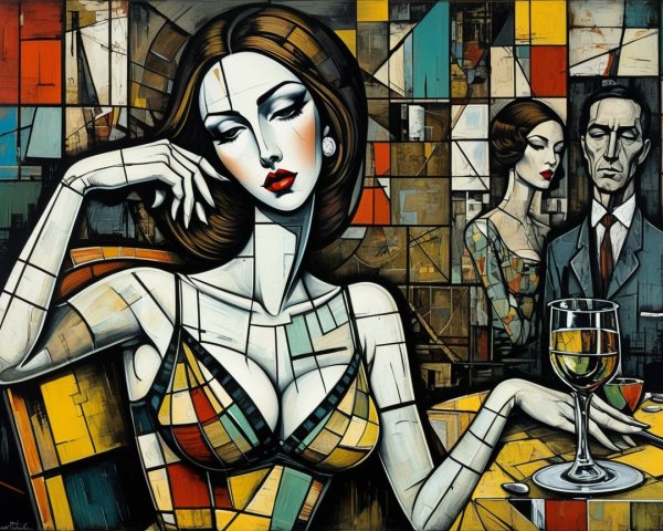 Abstract Painting of Confident Woman in Patterned Dress