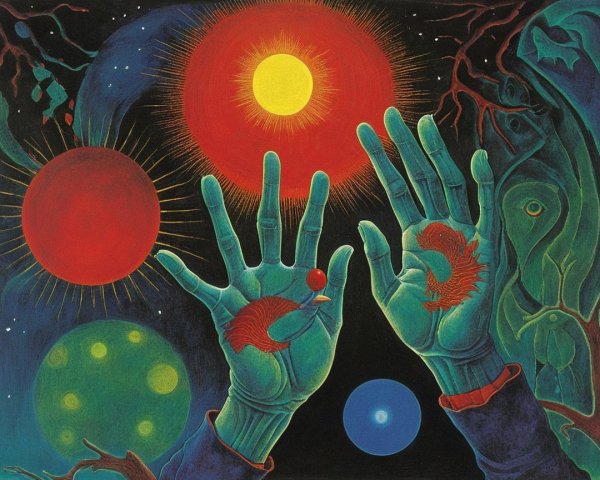 Hands Cradling Celestial Bodies in Vibrant Colors