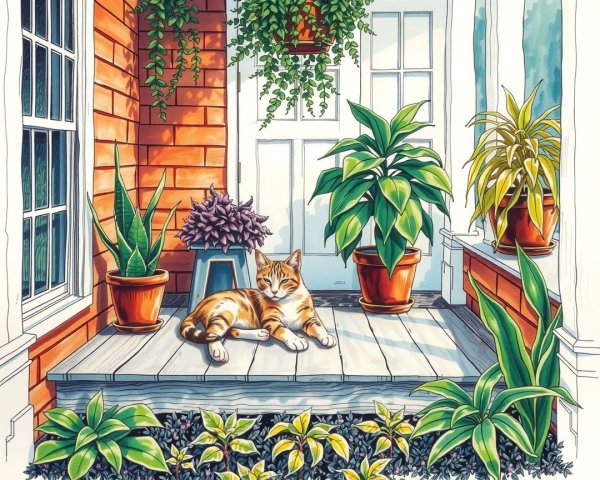 Cozy Porch Scene with Orange Tabby and Potted Plants