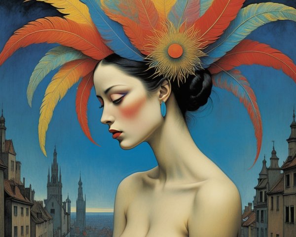 Elegant Woman with Colorful Feathered Headpiece