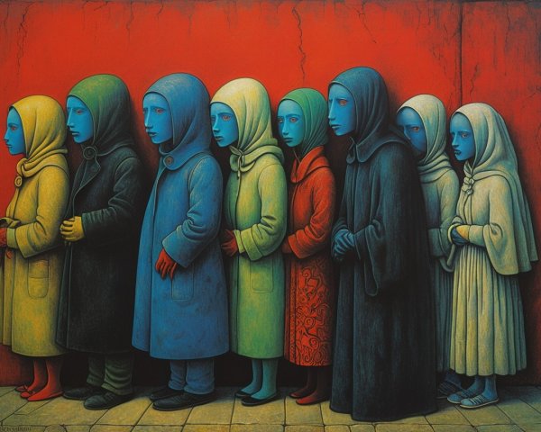 Figures in Colored Garments Against Red Background