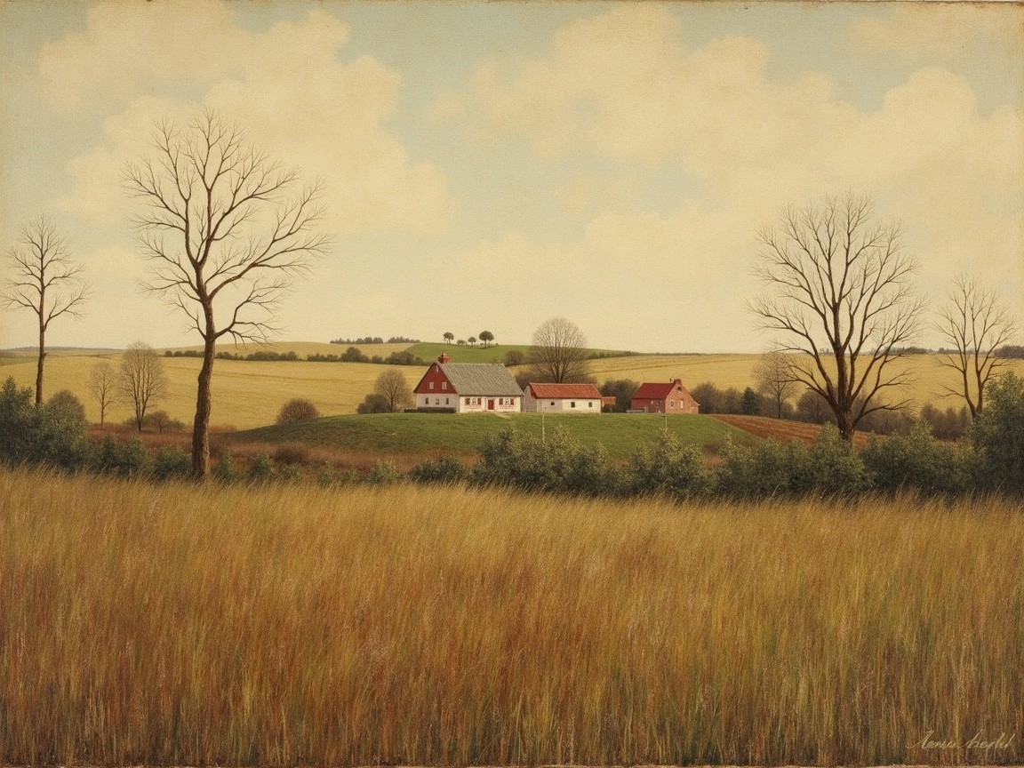 Serene Landscape with Rolling Hills and Quaint Houses