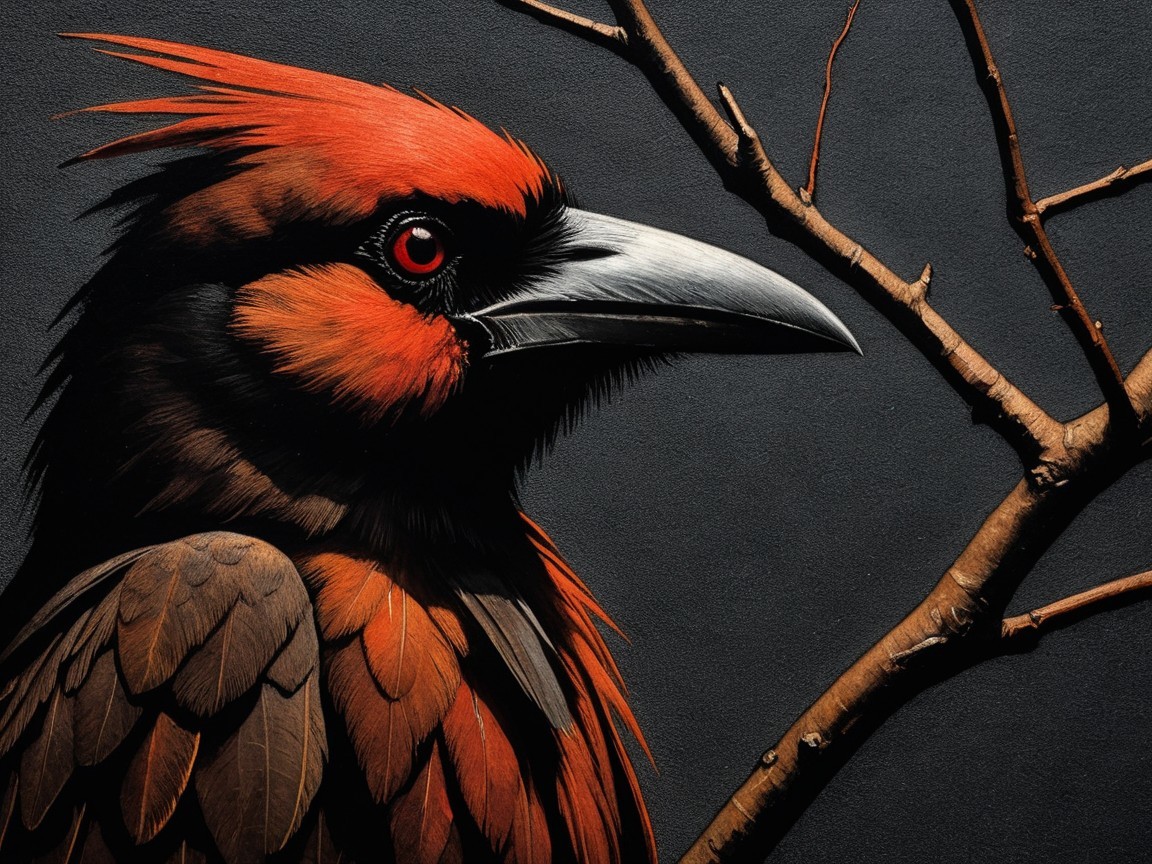 Vibrant Red Bird with Black Face and Sharp Beak