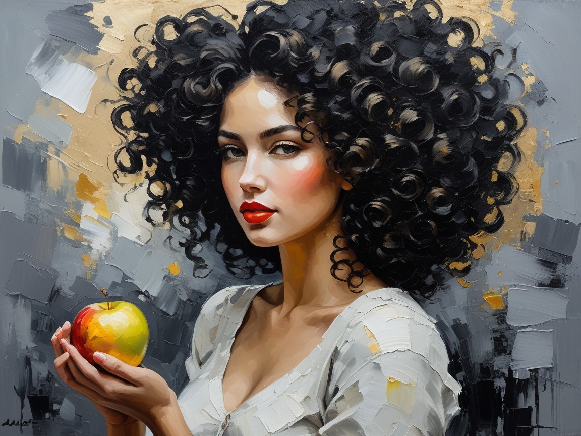 Woman with Curly Hair and Green Apple in Abstract Art