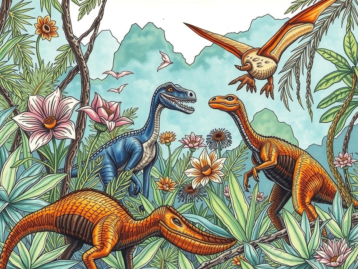 Prehistoric Landscape with Colorful Dinosaurs and Flora