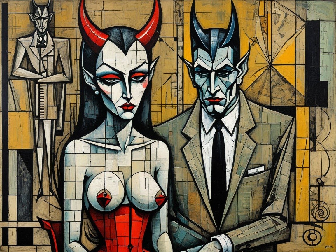 Stylized Couple in Cubist Artwork with Geometric Background